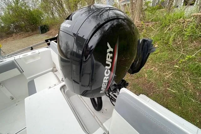 Slide: The Image of 2021 Release 210 RX boat with Mercury outboard motor, parked near greenery. - 6