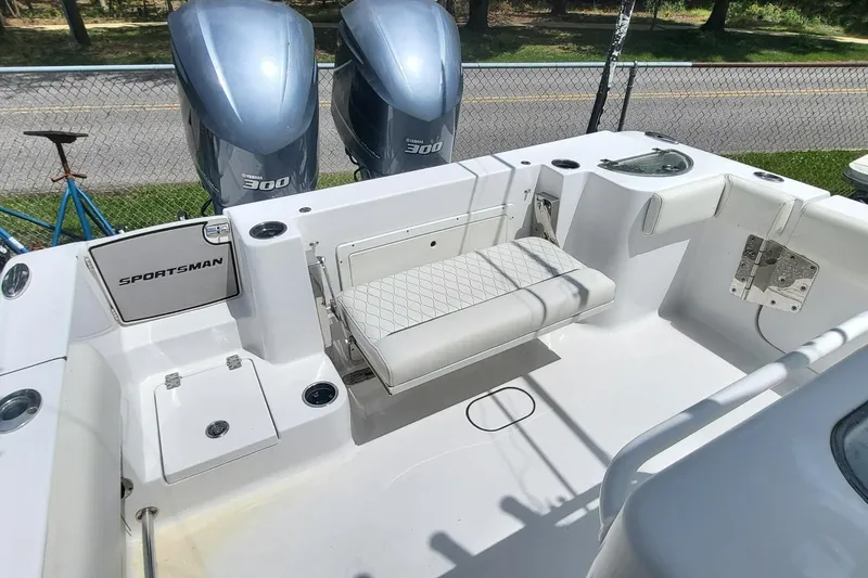 Slide: The Image of 2020 Sportsman Open 282 Center Console boat with twin Yamaha 300 engines. - 6