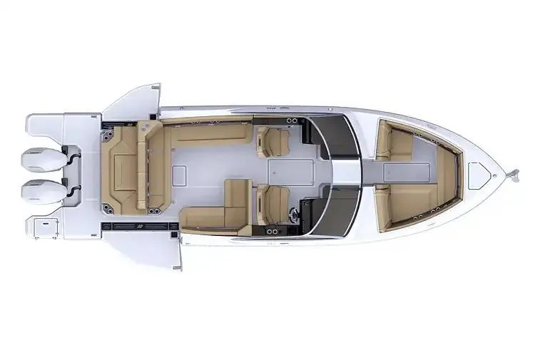 Slide: The Image of Manufacturer Provided Image: Top view of 2026 Four Winns H33 OB boat layout with seating and dual outboard engines. - 9