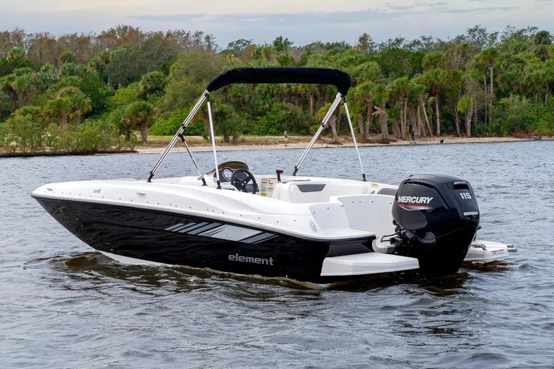 Slide: The Image of Manufacturer Provided Image: 2025 Bayliner Element E18 boat on water with Mercury engine, scenic background. - 3