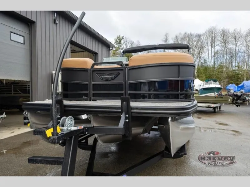 Slide: The Image of M Series 23 MSB pontoon boat, 2026 model, on trailer outside warehouse. - 3
