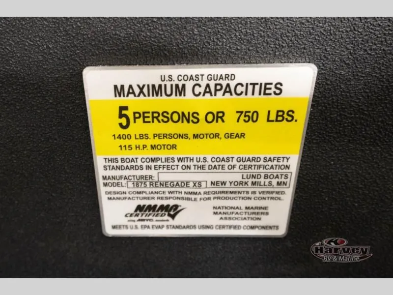 Slide: The Image of USCG capacity label for Renegade 1875 SS boat, 2026 model. - 22