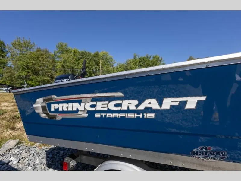 Slide: The Image of Blue Princecraft Starfish 16 boat, side view, 2023 model. - 3