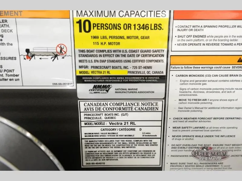Slide: The Image of Safety and capacity guidelines for Vectra Classic 21 RL boat. - 23