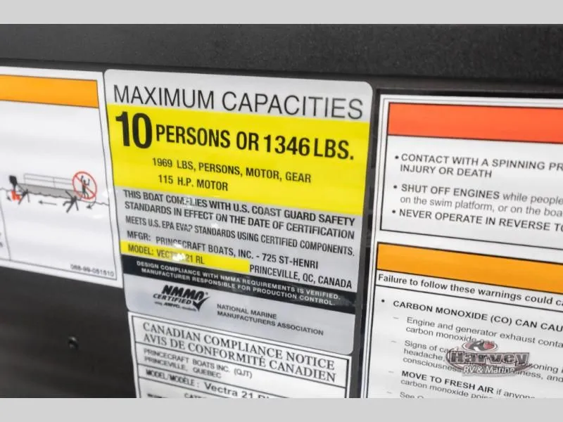 Slide: The Image of Capacity label for Vectra Speed 21 RL boat, 2026 model. - 21