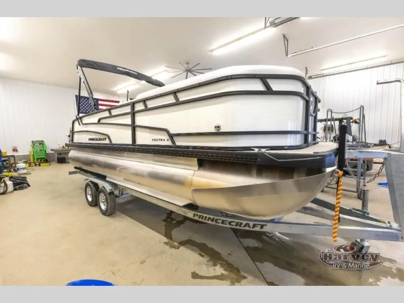 The Image of 2026 Vectra Speed 21L pontoon boat in a workshop on trailer. - 1