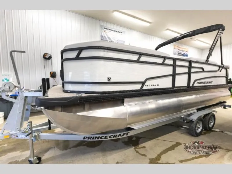 Slide: The Image of 2026 Vectra Speed 21L pontoon boat on trailer in warehouse. - 8