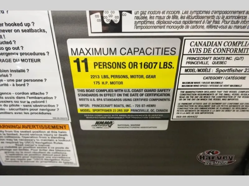 Slide: The Image of Sportfisher Sport 23-2RS 2026 capacity label, 11 persons or 1607 lbs. - 26