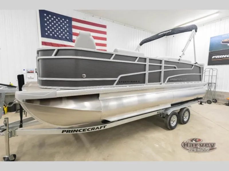 Slide: The Image of 2026 Sportfisher Speed 21-2S pontoon boat on trailer in warehouse. - 3