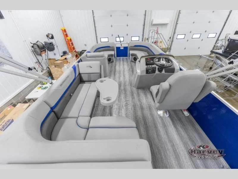 Slide: The Image of Interior of SX Series 20 SXLG 2026 pontoon boat with gray seating. - 11