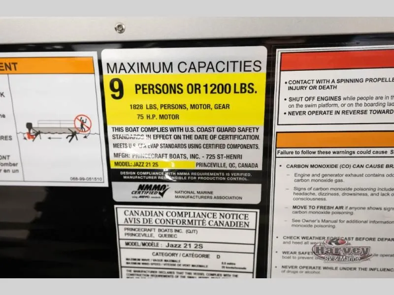Slide: The Image of Boat capacity label for 9 persons or 1200 lbs, model Jazz 21-2S, year 2026. - 19