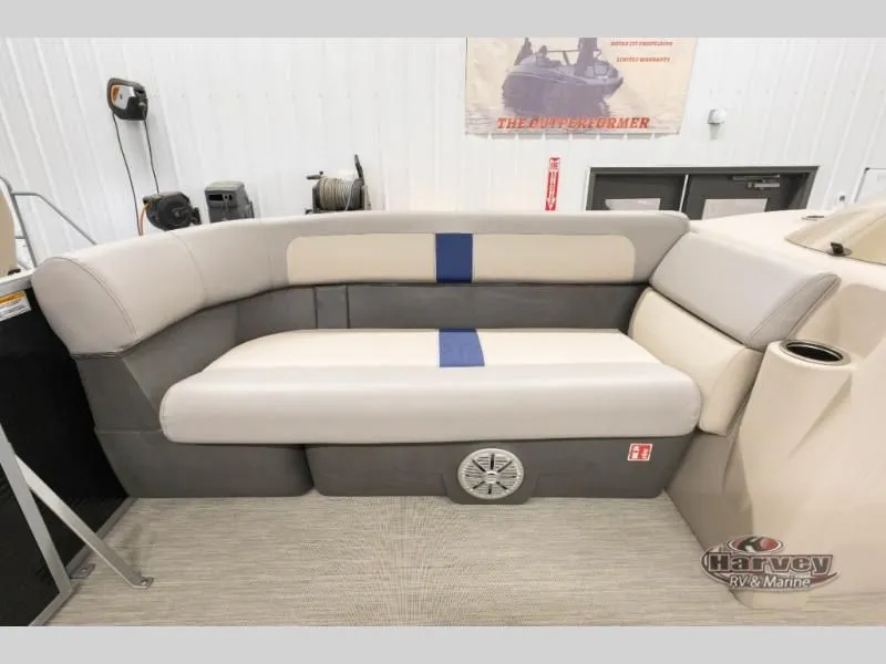 Slide: The Image of Interior of a 2026 Jazz 21-2S boat with cushioned seating. - 22