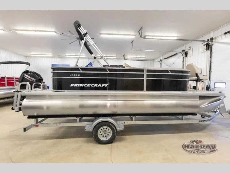 Slide: The Image of 2026 Jazz 21-2S pontoon boat in a garage. - 4
