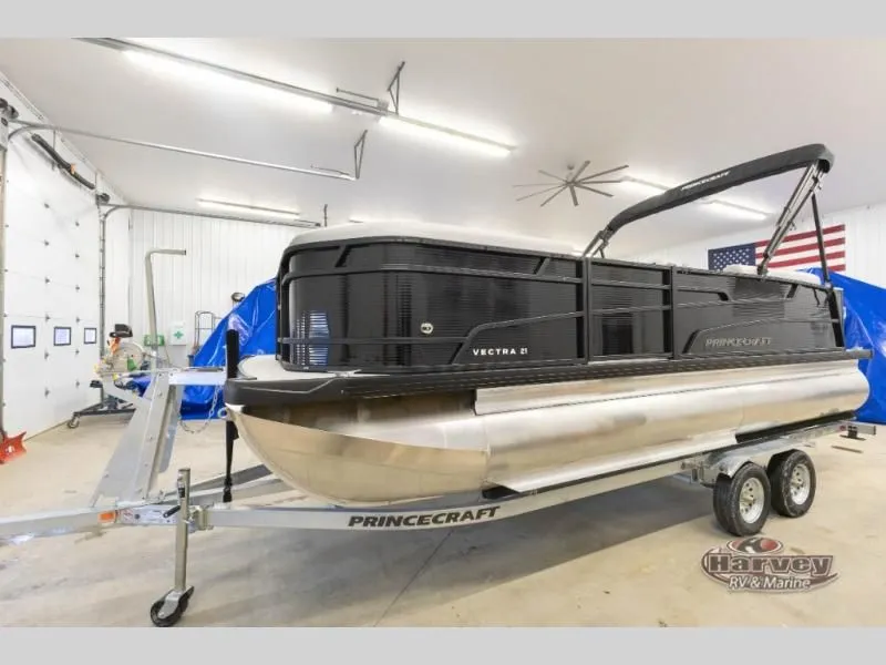 Slide: The Image of 2026 Vectra Classic 21 QL pontoon boat in a workshop on trailer. - 8