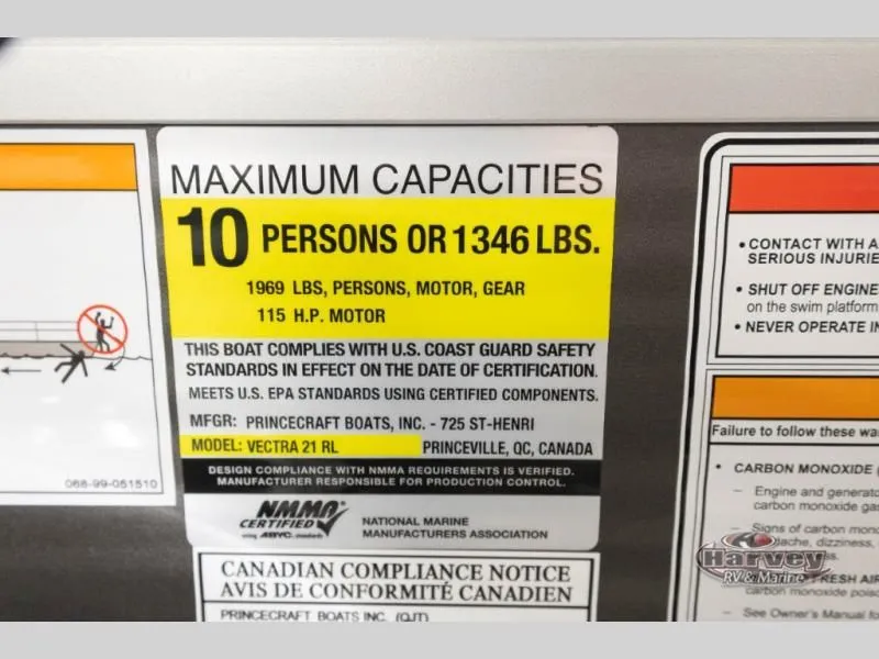 Slide: The Image of Capacity label for Vectra Speed 21 RL boat, 10 persons or 1346 lbs. - 20