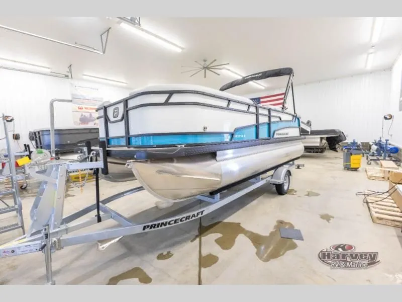 The Image of 2026 Vectra Classic 21L pontoon boat in workshop on trailer. - 1