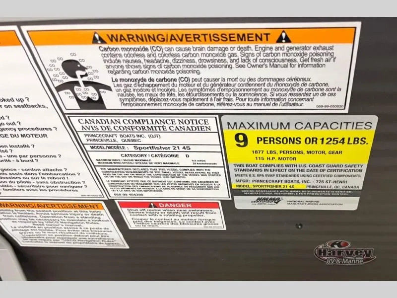 Slide: The Image of Warning labels and capacity details for Sportfisher Speed 21-4S boat. - 20