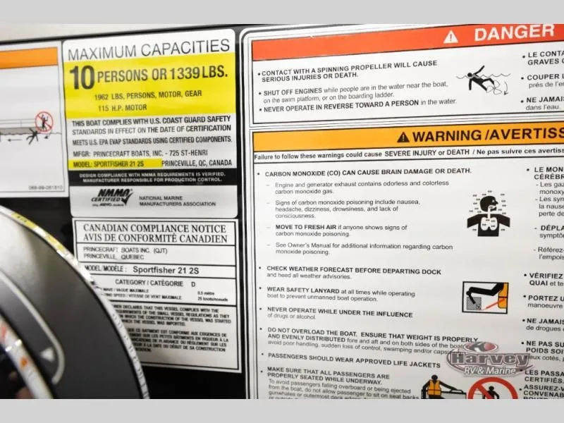 Slide: The Image of Safety and capacity guidelines for Sportfisher Classic 21-2S boat. - 23