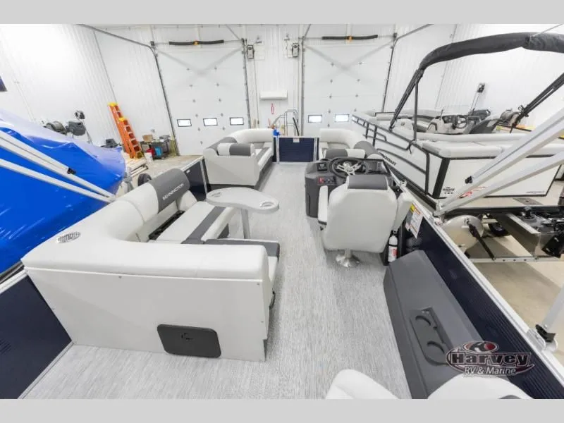 Slide: The Image of Interior view of a 2026 S Series 22 SF pontoon boat in a garage. - 8
