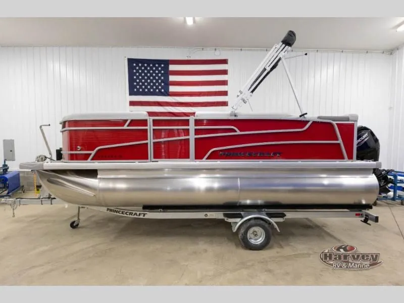Slide: The Image of Red Vectra Classic 19 L pontoon boat, 2026 model, in front of American flag. - 4