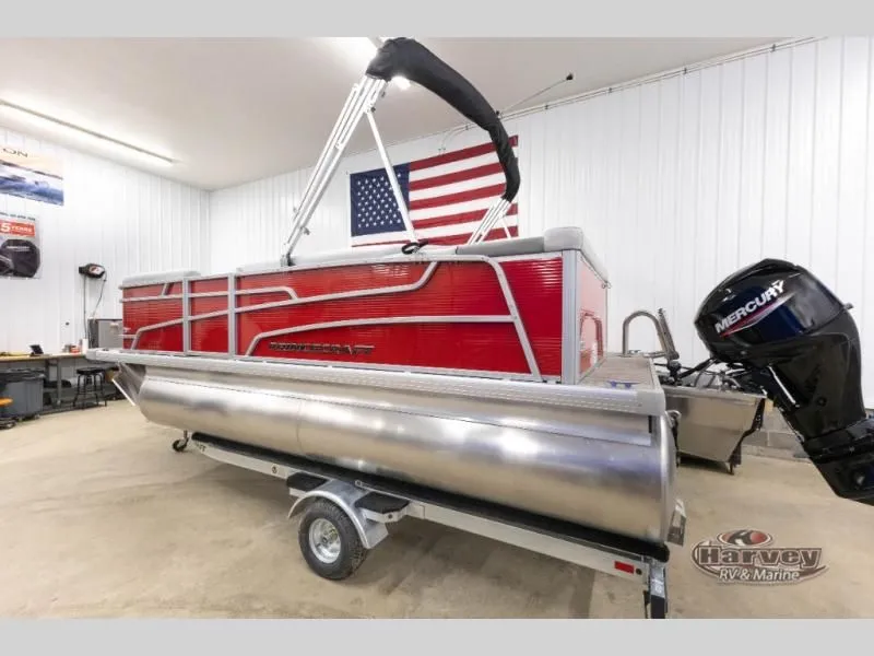 Slide: The Image of Red 2026 Vectra Classic 19 L pontoon boat in a workshop. - 5