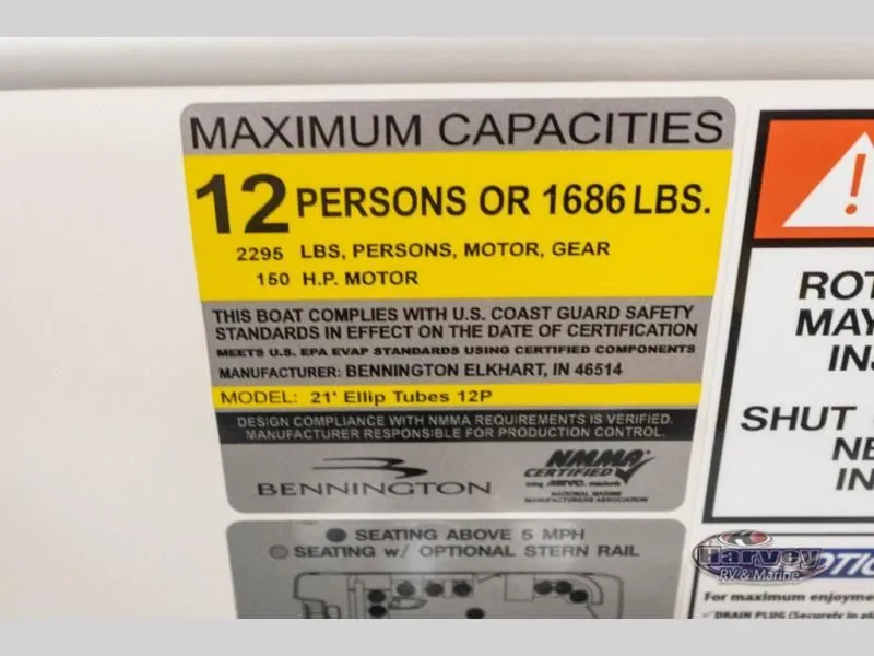Slide: The Image of Boat capacity label for 12 persons or 1686 lbs, model 21' Ellip Tubes 12P. - 28