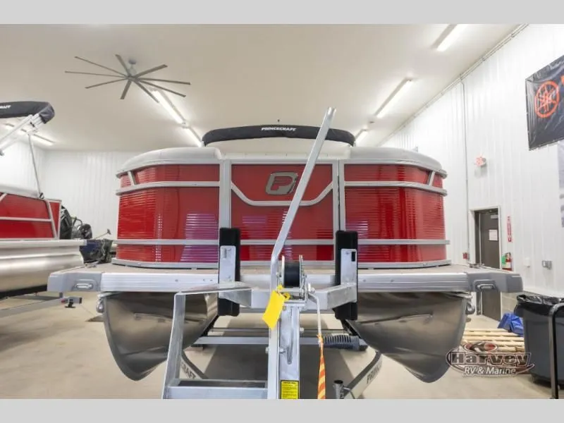 Slide: The Image of Red Vectra Classic 19 L pontoon boat indoors, model year 2026. - 3
