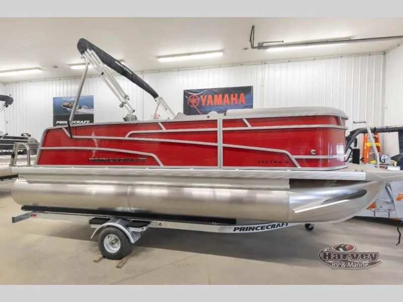 Slide: The Image of Red Vectra Classic 19 L pontoon boat, 2026 model, displayed in showroom. - 4