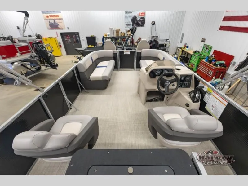 Slide: The Image of Interior view of a 2026 Jazz 19-4S pontoon boat in a workshop. - 11