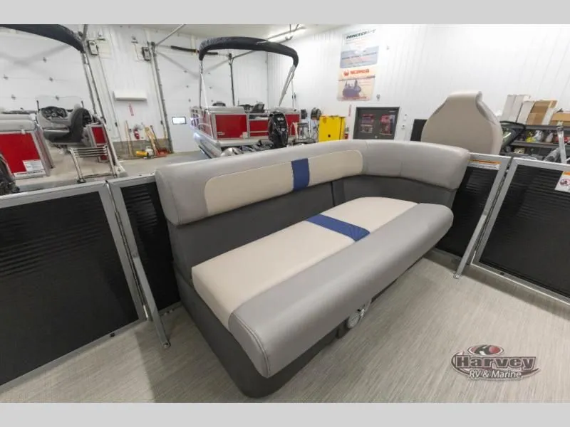 Slide: The Image of Interior of a 2026 Jazz 19-4S boat with gray and blue seating. - 12