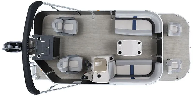 Slide: The Image of Aerial view of 2026 Jazz 19-4S pontoon boat with seating. - 2