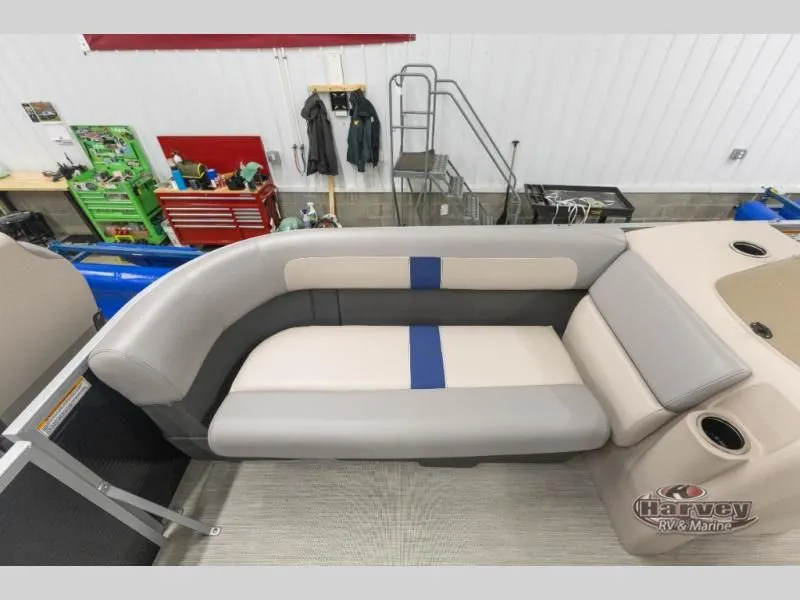 Slide: The Image of Interior of a 2026 Jazz 19-4S boat with gray and blue seating. - 22