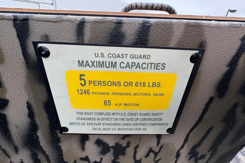 Slide: The Image of U.S. Coast Guard capacity label on Excel 1860 F4 Pro boat, 2026 model. - 22