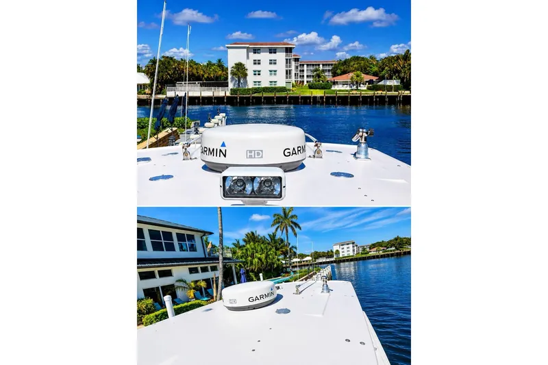 Slide: The Image of 2014 Grady-White Canyon 306 boat with Garmin radar on a sunny waterfront. - 20