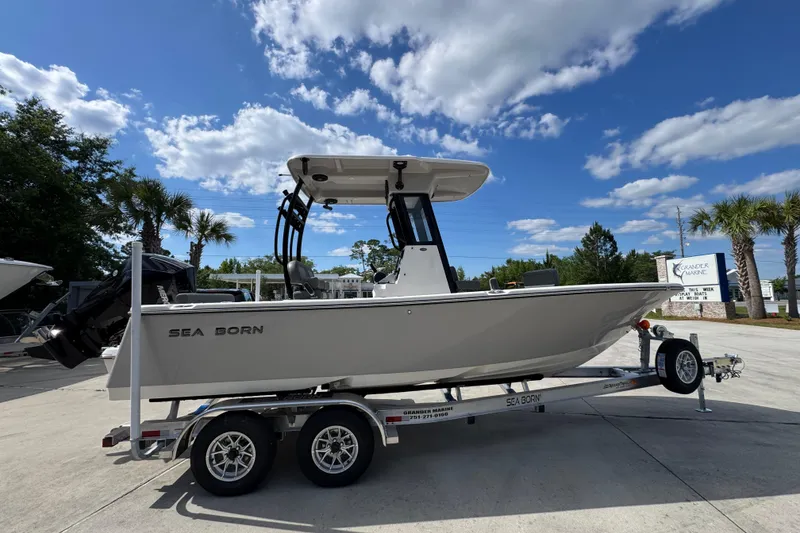 Slide: The Image of 2027 Sea Born LX22 Center Console boat on trailer under blue sky. - 9