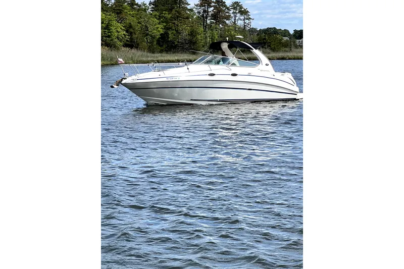 The Image of 2002 Sea Ray Sundancer 280 cruising on a serene lake with lush green shoreline. - 0