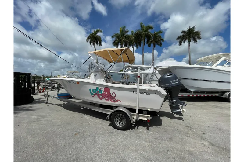 Slide: The Image of 2022 Tidewater 198 CC Adventure boat on trailer, parked under palm trees. - 2