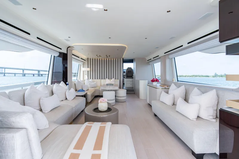 Slide: The Image of Luxurious interior of 2022 Azimut 78 yacht with elegant seating and panoramic windows. - 28