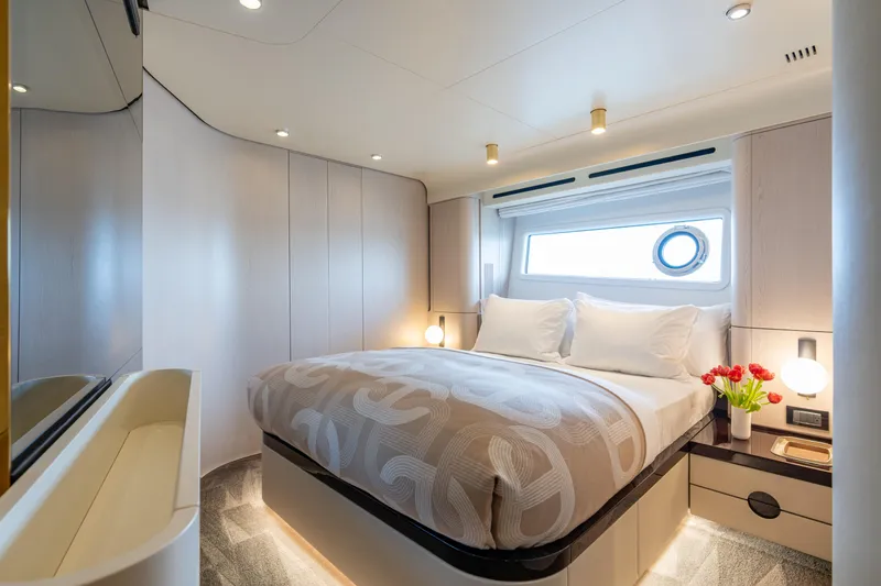Slide: The Image of Luxurious bedroom interior of 2022 Azimut 78 yacht with modern design and elegant decor. - 52