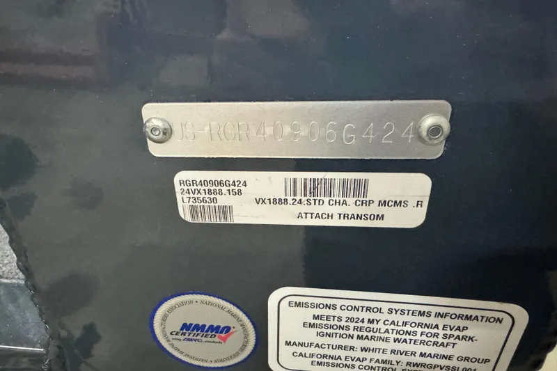 Slide: The Image of 2024 Ranger VX1888 WT transom with serial and emissions information labels. - 5