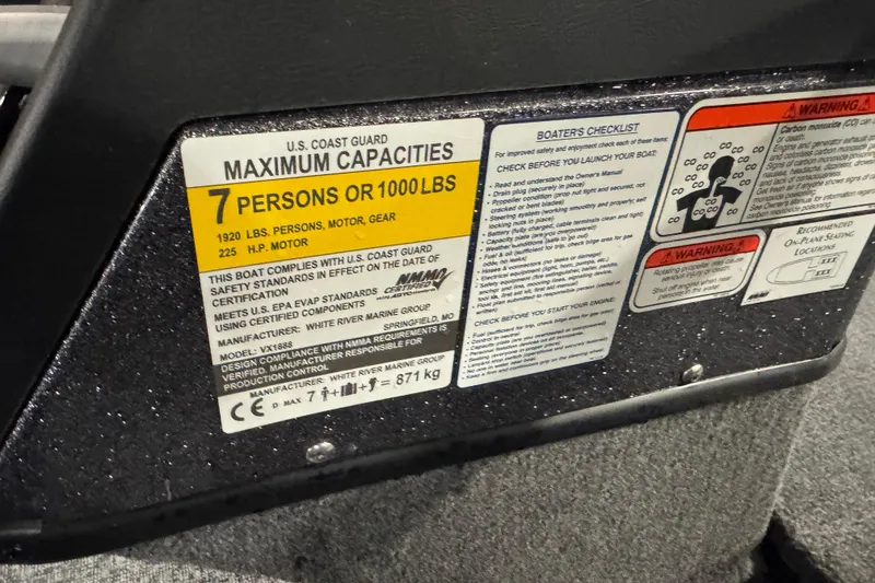 Slide: The Image of 2024 Ranger VX1888 WT boat capacity label, detailing maximum weight and safety guidelines. - 8