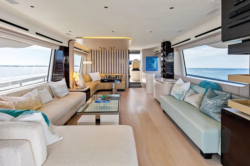 Slide: The Image of Luxurious interior of 2021 Azimut Fly 78 yacht with elegant seating and ocean view. - 21