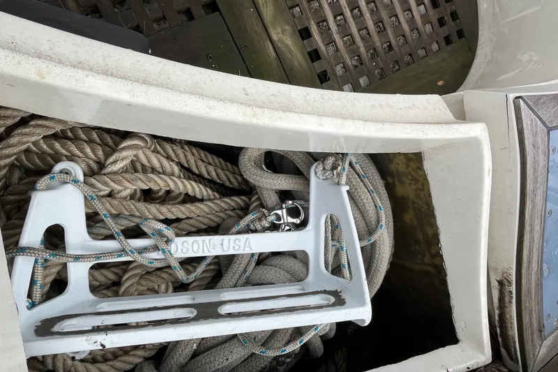 Slide: The Image of Coiled ropes and anchor on 1980 Cheoy Lee 43 Pilot House deck. - 22