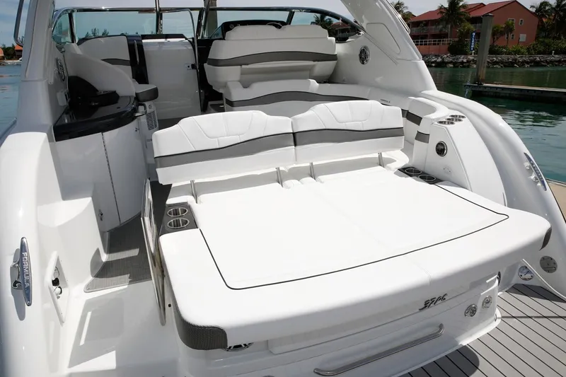 Slide: The Image of Manufacturer Provided Image: 2019 Formula 37 Performance Cruiser, spacious white deck with seating and cup holders. - 11