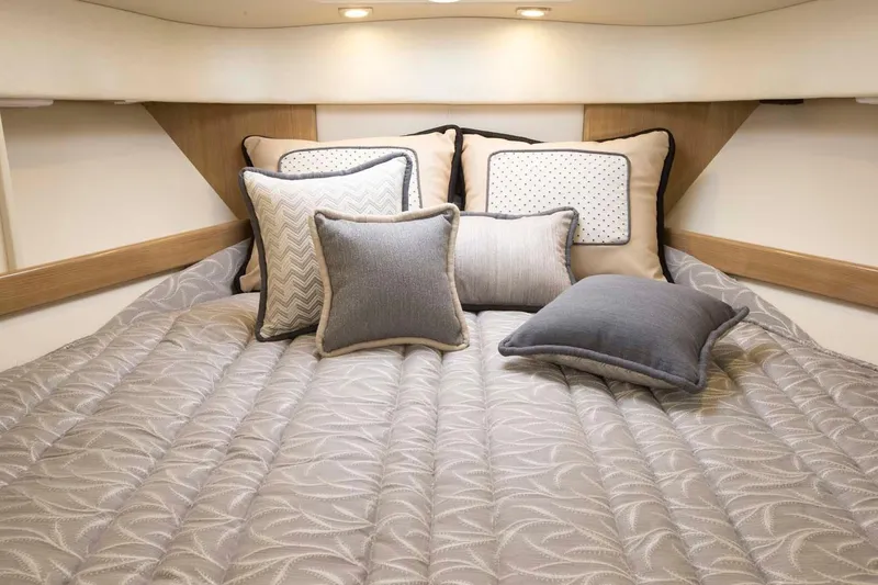 Slide: The Image of Manufacturer Provided Image: Luxurious bed in 2019 Formula 37 Performance Cruiser with decorative pillows. - 16