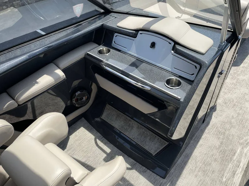 Slide: The Image of Interior of a 2021 Crest 270 Continental boat with sleek seating. - 28