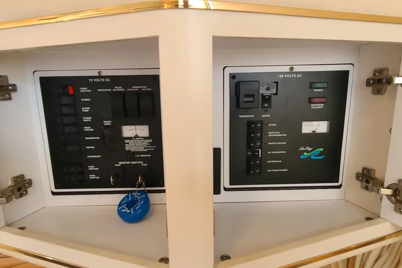 Slide: The Image of Electrical control panel of a 1999 Sea Ray Sundancer 310 boat, featuring 12V DC and 120V AC systems. - 7