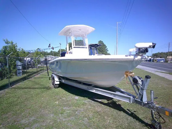 Slide: The Image of 2017 Robalo 246 Cayman boat on trailer, side view. - 3
