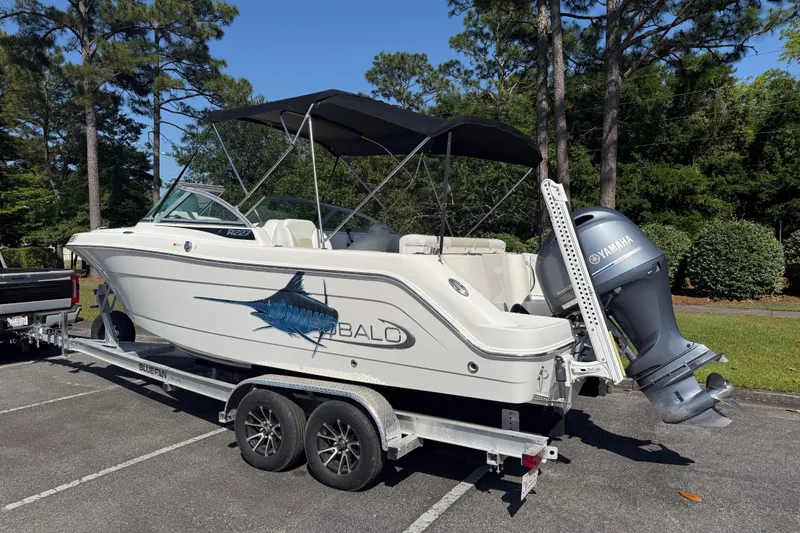 Slide: The Image of 2015 Robalo R227 Dual Console boat on trailer with Yamaha outboard motor. - 3
