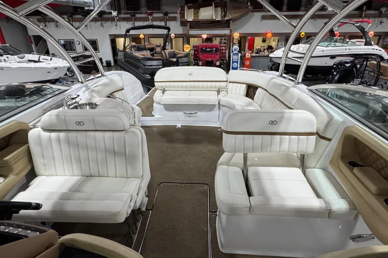 Slide: The Image of Luxurious 2018 Cobalt boat interior with white leather seating and elegant design. - 12